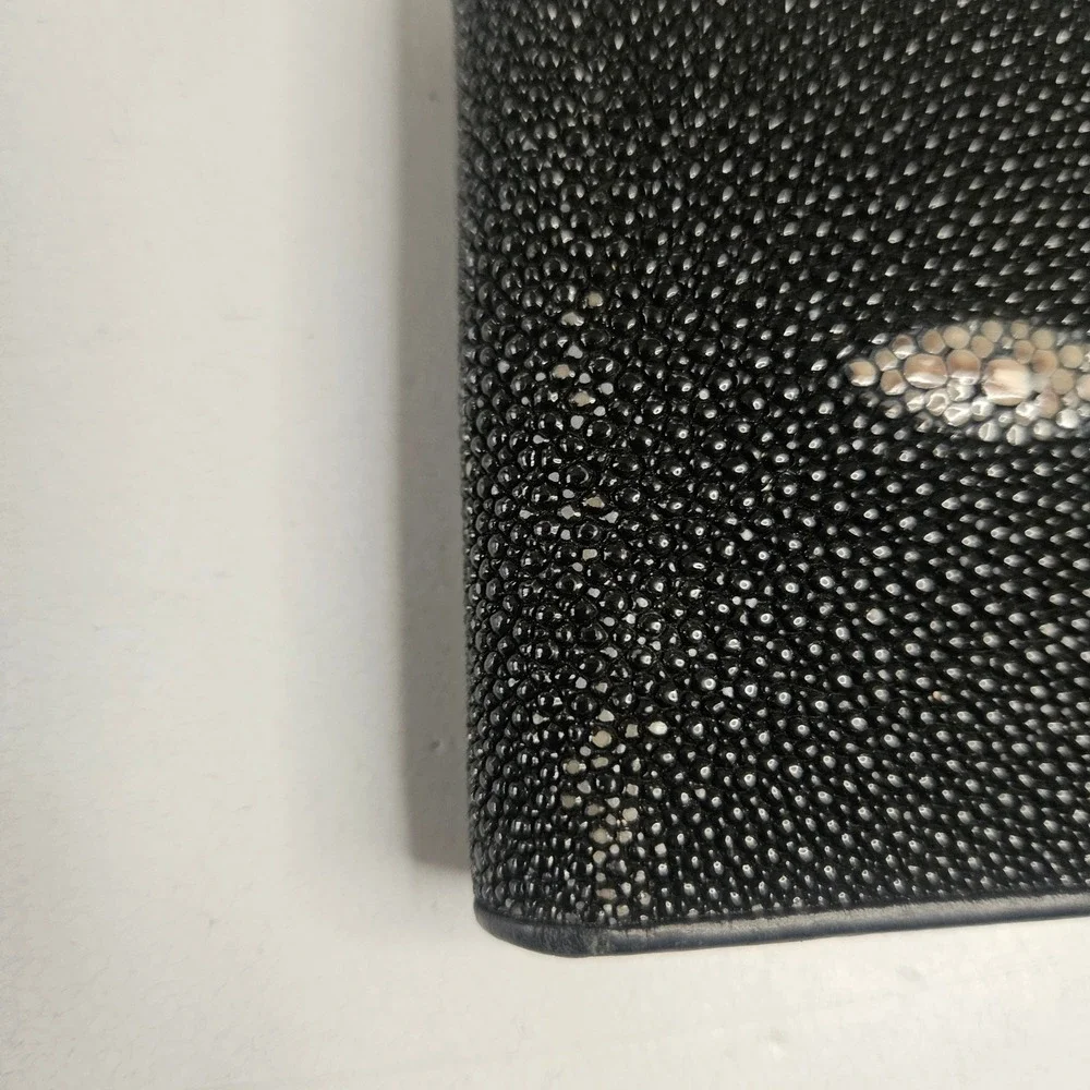 Infinity Genuine Stingray Skin Bifold Wallet Black Exotic Leather Kiss Lock Coin